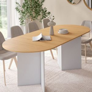 Image de Idmarket Table &agrave; manger extensible ovale MARTHE 6 -10 personnes bois fa&ccedil;on h&ecirc;tre et blanc 160-200 cm