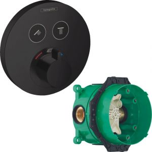 Image de Hansgrohe Lot Facade pour mitigeur thermostatique encastré avec 2 fonctions noir mat + Corps encastré universel Ibox