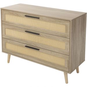 ML-Design Commode Rustique avec 3 Tiroirs, 100x77x40 cm, Aspect Chêne, Armoire avec Façade en Rotin et Pieds en Bois Massif, Meuble d'Appoint Buffet,