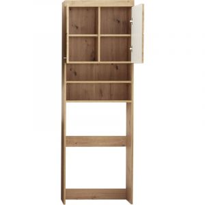 Meuble de rangement spécial machine à laver ou wc coloris chêne à noeuds et blanc brillant - Longueur 63 x hauteur 187 x profondeur 24 cm - PEGANE -