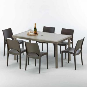 Image de Grand Soleil Table rectangulaire et 6 chaises Poly rotin resine ensemble bar caf&egrave; exterieur 150x90 Beige | Paris Marron Moka