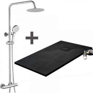 Stano Pack Receveur de douche 90 x 170 cm extra plat Noir + Colonne de douche thermostatique Finition chrom&eacute;e - Finition chrom&eacute;e