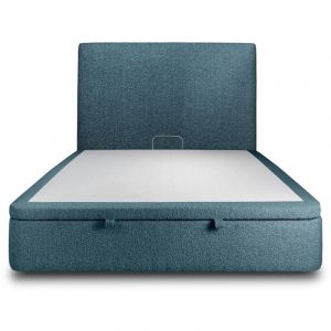 Lit coffre 140x190cm avec tête de lit tapissier Bouclette Bleu - Hauteur totale : 39cm