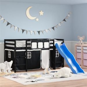VidaXL Lit mezzanine enfants et rideaux blanc/noir 90x190cm pin massif