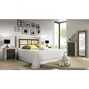 Pegane Ensemble chambre à coucher, tete de lit, 2 tables chevets + chiffonnier + miroir mural coloris chene cambrian, graphite -