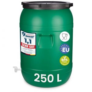 Garronda 250L F&ucirc;t Plastique Alimentaire avec Robinet &ndash; R&eacute;cup&eacute;rateur d'eau sans BPA pour Eau, Fermentation, Croquettes, Choucroute GD-0142