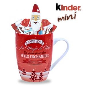 Kinder Noël Mug garni dun Assortiment de 20 Chocolats Schokobons et Mini-Bueno + Figurine en chocolat Père Noël