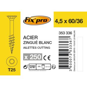 Fix'Pro Vis à bois tête fraisée TX - 4,5x60/36 - 250pces - Fixpro