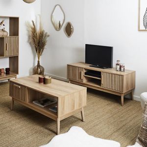 Pajan - Ensemble Salon Effet Bois avec Tasseaux - Marron clair