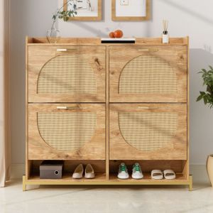 Meuble &agrave; chaussures en bois MDF avec portes rabattables en rotin &ndash; 4 compartiments, structure m&eacute;tallique, 108,5&times;24&times;100 cm