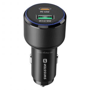 Chargeur Voiture Fast Charging 63W USB-C Power Delivery 45W et USB 3.0 18W Swissten Noir
