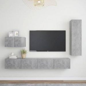 VidaXL Ensemble de meuble TV 4 pcs Gris b&eacute;ton Agglom&eacute;r&eacute;