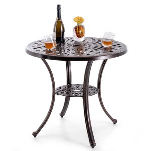 Coast Garden Table ronde Ø79 x 71 cm avec trou pour parasol et tablette inférieure - Bronze - Table de terrasse en fonte d'aluminium pour jardin, balcon et terrasse