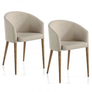 Chaise design en tissu crème avec accoudoirs et pieds plaqués noyer
