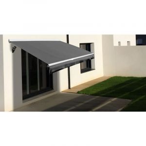 Store banne Semi-coffre COVER Blanc 5x3m Motoris&eacute; &agrave; t&eacute;l&eacute;commande - Toile Grise Anthracite