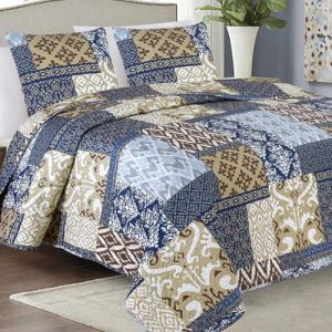 Couvre-Lit Quilt Matelassé avec 2 taies d'oreiller 40x40 cm- Bleu Beige Marron- SY-6750, 220x240 cm