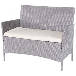 D&eacute;coshop26 Banc de jardin banquette en polyrotin gris avec coussin cr&egrave;me