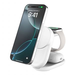 Belkin UltraCharge Socle de Recharge 3-en-1 Aimant&eacute;e et Pliable avec Qi2 (Blanc)