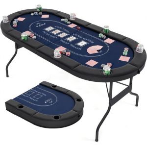 Table de Poker Pliable 182 cm pour 8 Joueurs, Table de Jeu de Cartes avec 8 Porte-gobelets en M&eacute;tal & Rails Rembourr&eacute;s, Table de Casino, Bleu