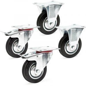 wiltec Kit 4x Roulette – 2x Pivotantes double arrêt et 2x Fixes – Diamètre 100 mm – Capacité 70 kg/roue – Charge lourde, Caoutchouc plein Transport