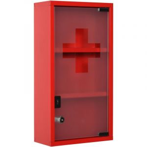 Armoire à pharmacie 2 étagères 3 niveaux verrouillable porte verre trempé dépoli logo croix 25L x 12l x 48H cm acier rouge Rouge