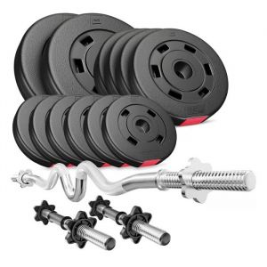 Hop-Sport Kit de musculation 38 kg Barre d'Haltère Super Curl 120 cm, Deux Barres courtes de 45 cm avec Set de Disques de poids 2x5 kg, 4x2,5 kg, 6x1,25 kg