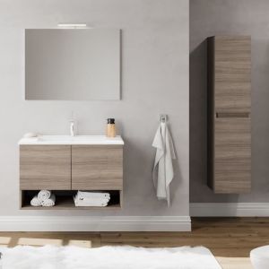 OSLO Meuble avec simple vasque encastrée largeur 80 cm + miroir + colonne Chêne fumé