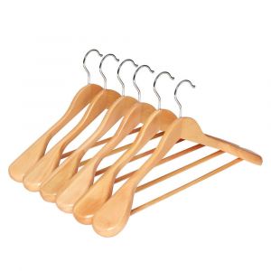 Lot de 6 cintres en bois massif avec épaules très larges antidérapants pour costumes chemises manteaux vestes pantalons crochets pivotants 360° couleur boisée 12_0003410
