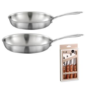 Gourmet - Lot de 2 po&ecirc;les inox 24 et 28 cm, 1 coffret 4 couteaux de cuisine