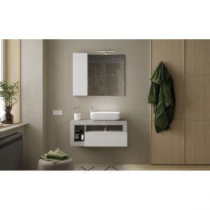Meuble suspendu NAPOLI - 1 tiroir - 92 x 47 x 49 cm - blanc brillant & ciment