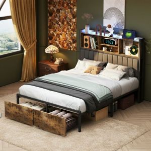 Fortuna Lai - Lit double 140x200cm - cadre en fer avec 2 tiroirs et tête de lit rangement led avec port charge - style industriel - Noir