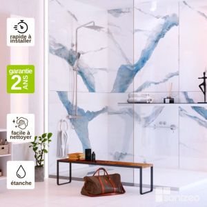 Panneau Mural Revetement D&eacute;coratif Salle de bains, Douche et wc, L120l1200.4 cm, effet bleu, kobert in Calacatta blue