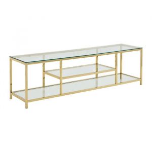 Pascal Morabito Meuble TV avec 2 &eacute;tag&egrave;res en verre tremp&eacute; et acier inoxydable - Transparent et Dor&eacute; - RIMALI de