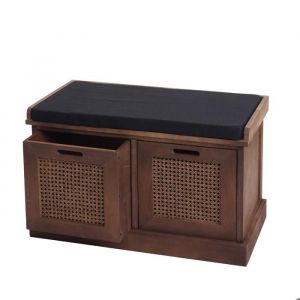 Décoshop26 Banc banquette en bois de paulownia marron et MDF avec coussins noir boites de rangement 47 par 75 par 40