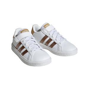 Adidas Grand Sustainable Lifestyle Court Elastic Lace and Top Strap Sneaker, FTWWHT/FTWWHT/MAGOLD, 30 EU