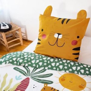 Cot&eacute; D&eacute;co Parure de lit Enfant R&eacute;versible Lion Vert et Jaune Housse de Couette 140x200cm + 1 taie d'oreiller 63x63cm 100% Coton