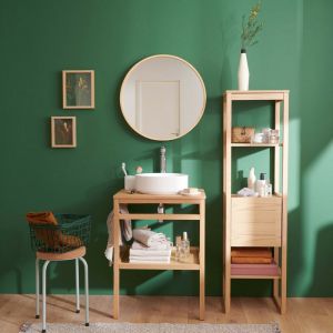 Image de Meuble de salle de bain 60 cm HOPP avec colonne, miroir et vasque ronde DIEGO - Bois clair