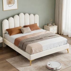 Lit 140x190 cm - Velours Beige - T&ecirc;te de Lit Rembourr&eacute;e - 2 Places - Sommier &agrave; Lattes