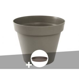 Eda Plastiques Pot de fleur rond Toscane Ø 80 x H.66 cm Taupe + Soucoupe