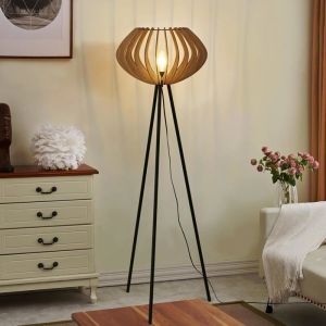 Lampadaire tr&eacute;pied en bois METTE abat-jour industriel style boh&egrave;me moderne avec interrupteur au pied pour salon E27