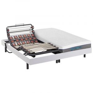 Lit électrique relaxation lattes et plots matelas mémoire forme DIONYSOS de DREAMEA - moteurs OKIN - blanc - 2 x 90 x 200 cm