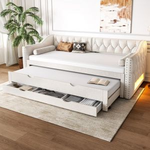 Canap&eacute;-lit rembourr&eacute; 90 x 200 cm - Avec lit gigogne - Avec &eacute;clairage LED - 3 tiroirs - MDF + lin - Beige (matelas non inclus)