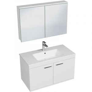Meuble 1 Vasque Encastrée 90 Cm + Miroir Armoire 2 Portes Blanc Salle De Bain - Rubite