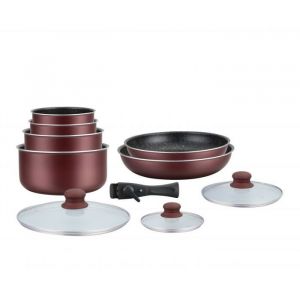 Hagen Batterie de cuisine rev&ecirc;tement pierre, Manche amovible, 10 pieces, Bordeaux, Rev&ecirc;tement anti-adh&eacute;sif, Tous les types de feux, y compris l'induction, HA04647