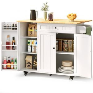 Desserte &Icirc;lot de Cuisine Bealife Chariot de Service Mobile avec Plan de Travail Pliable 1 Tiroir 3 Portes et 3 &Eacute;tag&egrave;res Blanc