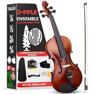 Pyle Kit de démarrage pour violon taille 3/4 destiné aux débutants, comprenant un étui de transport, un archet, des cordes de rechange, accordeur numérique, épaulière et un chiffon de nettoyage
