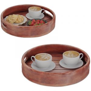 Relaxdays Plateau de Service, avec poignées, Bord surélevé, Design Rond, Bois de manguier, H x D : 29 x 36 cm, Marron