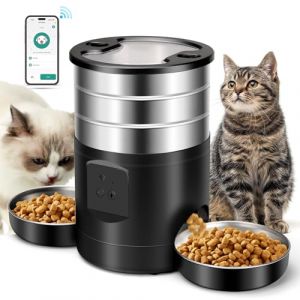 YUGUPAM Distributeur Croquettes Chat Automatique 5L avec 2 Bols en Acier Inoxydable