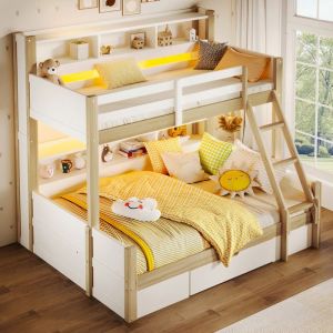 Lit superpos&eacute; 90x200cm+140x200cm - Avec &eacute;chelle et barri&egrave;re de s&eacute;curit&eacute; - 1 tiroir - Lumi&egrave;re LED - Naturel (matelas non inclus)