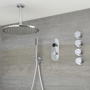 Hudson Reed Douche Digitale Thermostatique 3 Fonctions - Pommeau Douche Plafond Ø 30cm sur Bras 15cm - Douchette & 4 Jets Hydromassants - Narus